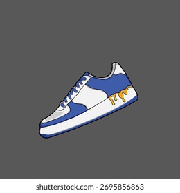 Vector illustration of a white and blue sneaker featuring a unique yellow dripping paint detail on the back. Modern and creative design perfect for streetwear, fashion concepts, or digital art project