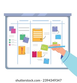 Vector illustration of a white board for planning tasks. Cartoon scene with a hand holding a pen and writing, stickers with magnets, a list with green ticks . Business strategy.