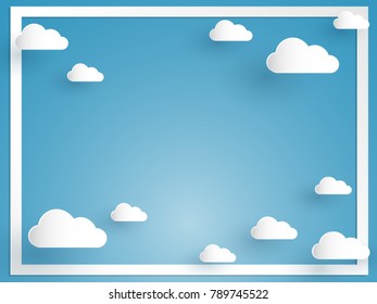 Vector illustration of white border and white cloud with blue sky background. Paper and craft art style.