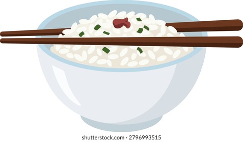 Vector illustration of a white bowl filled with cooked white rice, topped with green herbs and red garnish, featuring brown wooden chopsticks, isolated background.