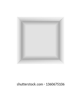 A vector illustration of a white box of realistic 3D cardboard paper pack or box square blank with open lid. Top view of an isolated model layout on a transparent background.