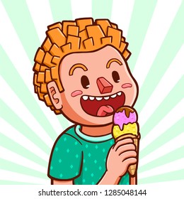 Vector illustration of a white boy eating ice cream cone