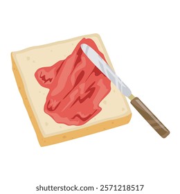 vector illustration of white bread smeared with fresh strawberry jam with a knife
