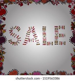 Vector. Illustration in white and brown colors. Hand drawn promotional design for banner. Seamless pattern. Art illustration of logotype for sale, give away, discount, sell out, clearance, closeout.
