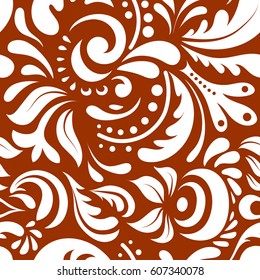 Vector illustration. White and brown damask paisley wallpaper. Seamless background, grunge style.