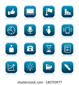 Vector illustration of white business icons on blue buttons.