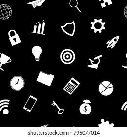 Vector Illustration White Business Icons On Black Background Seamless Pattern Designed as Multiple Objects Involved In Work, Startup, Finance, Data Security, Entrepreneurship, Management, Achievement.