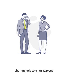 Vector illustration of white business man and woman standing in formal clothes.