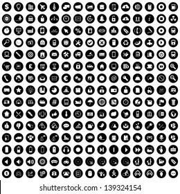 Vector illustration of white business & other various icons in black circles.