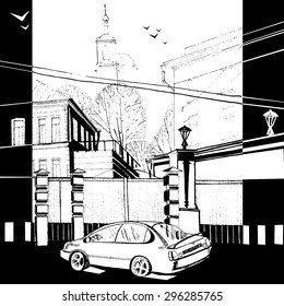Vector Illustration of white car in the city. Hand draw sketch