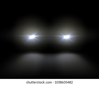 Vector illustration of white car headlights shining from darkness background, lights template. Isolated on black background