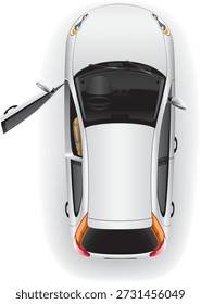 Una Ilustración vectorial de un coche blanco visto desde una perspectiva de arriba hacia abajo. La puerta delantera del lado del conductor está abierta y el automóvil presenta detalles naranjas y rojos. Comúnmente utilizado en Planes de piso 2D, proyectos de diseño y gráficos informativos.