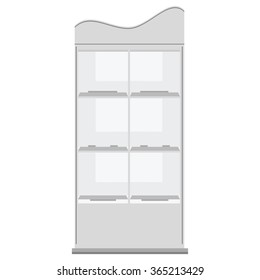 Vector illustration white cardboard floor display rack for supermarket.  Blank empty displays with shelves products. Display stand