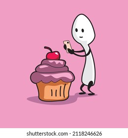 vector illustration of a white cartoon spoon taking a photo of a cake with his cellphone, perfect for stickers, t-shirts, posters