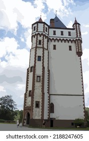 Vector illustration of a white castle building originally used as a reservoir. Tower, watchtower. Separate tower. Park, trees, grass. Bright facade, red bricks. Gothic style door.