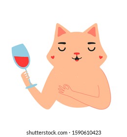 Vector illustration with white cat in black hat holding blue glass with red wine. Funny print design with animal
