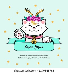 Vector illustration, white cat with deer headband for girl birthday, baby shower, Christmas card, greetings, party invitation. Maneki Neko cat with deer headband.