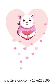 Vector illustration of white cat with a heart. Card for Mother's day, Valentine's Day.