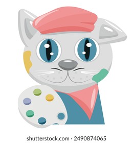 vector illustration of a white cat in the image of an artist with a palette, a beret and paints on his face, isolated on white