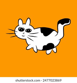 Vector illustration of white cat for logo on a orange background. Hand drawing as white and orange cat shape in cartoon design on orange background
