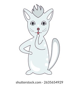 Vector illustration of white cat with mohawk and thoughtful pose.