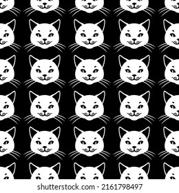 Vector illustration of white cat muzzle pattern seamless on black background