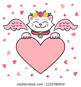 Vector illustration, white Cat with pink wings and heart. Template for St. Valentine's Day, invitation, party, Mother day, birthday, baby shower, greeting card. Japanese Maneki Neko white cat.