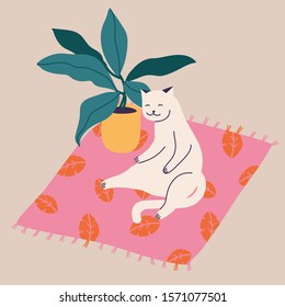 Vector illustration white cat sitting on the carpet near a flower pot