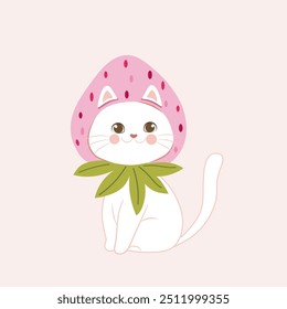 vector ,illustration of a white cat sitting and wearing a strawberry hat 