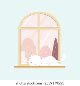 vector ,illustration of a white cat sleeping on windowsill in winter time