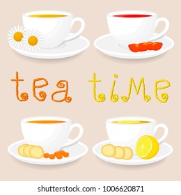 Vector illustration white ceramic cups, teacup on saucer. Teacup pattern consisting of flower tea brewed in porcelain cup. Drink teas from lemon, ginger, rose hip, chamomile, sea buckthorn in teacups.