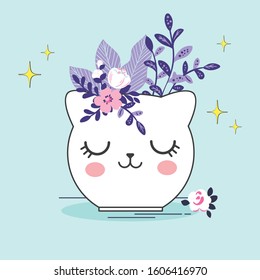 Vector illustration of white ceramic flowerpot in the shape of a cat with flowers, stars, cat face, cute card, tropical plants in the pot for interior drawn with a tablet, cartoon character