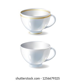 Vector illustration of white ceramic porcelain cup. Isolated tea or coffee mug. Can be used for Mock Up and templates.