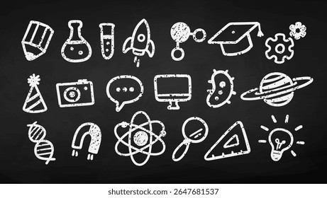 Vector illustration of white chalk-style education and science icons on blackboard background. Grunge hand drawn set.