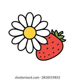 Vector illustration of white chamomile flowers and fresh red strawberries.