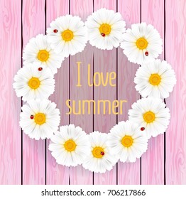 Vector illustration of a white chamomiles with ladybug, ladybird on a rosy wooden background. Ready elements with summer background for your flyer, banner, infographics, poster, advertisement. 