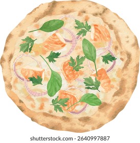 Vector illustration of White Chicken Pizza with grilled chicken, white sauce, garlic, mozzarella, and spinach. Top view