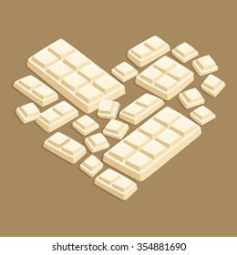 Vector illustration of white chocolate bar pieces forming heart shape in dark brown background.