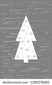 Vector illustration of a white christmas tree with gray shades of snowflakes on a gray background, with an old vintage texture. Christmas greeting card handmade art.
