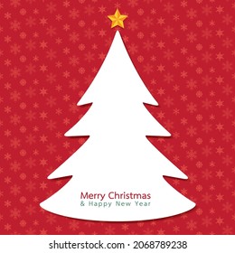 Ilustración vectorial del icono blanco del árbol de Navidad, estrella dorada en la parte superior, Feliz Navidad y Feliz Año Nuevo en rojo con patrón de copo de nieve, espacio de copia vacío para texto, tarjetas de felicitación feliz, vacaciones de invierno.