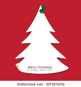 Vector illustration of white christmas tree note papers, blank card or sticker with green push pin on red background, Invitation, Celebration,Winter holidays greetings, Merry Chirstmas,Happy New Year.