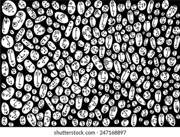 vector - illustration white circle faces on black background, funny, simple, crowd of faces - pattern