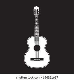 Vector illustration of white classic guitar isolated on black background. Flat style design.