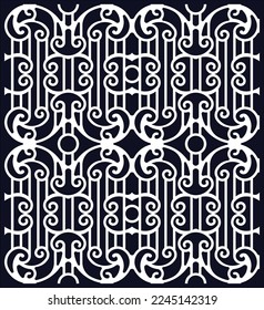 Vector illustration of white classic laser cut pattern designed by combining arcs and straight lines on a black background.