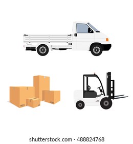 Vector illustration white classic pickup truck side view. Cargo transportation. Delivery car