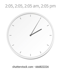 Vector Illustration. White Clock. European Time And American Time. Exact Schedule. Indication Or Increments Of Minutes. 2:05. 2:05. 2:05am. 2:05pm. For Education, Business. For Plans, Notifications.