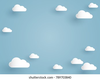 Vector Illustration Of White Cloud With Blue Sky Background. Paper And Craft Art Style.