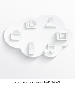 Vector illustration of white cloud computing icons with realistic shadow  