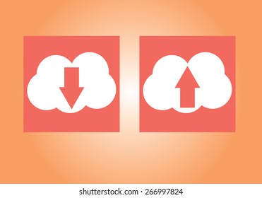 Vector illustration of white cloud icon set with upload download symbol, up and down red arrows on them isolated on orange background wall. Pictogram, button icons for your web site. No transparencies - Powered by Shutterstock - Get 15% off with code: PIKWIZARD15