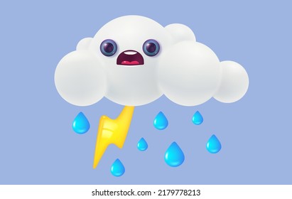 Vector Illustration Of White Cloud With Water Drops And Lightning In 3D Style. Vector Weather Icon With Cloud And Rain In Realistic Style. Thunderstorm.